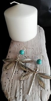 orecchini pendenti con libellule color argento e pietre  azzurre fatti a mano -Happy Summer-