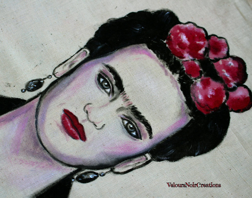 Borsa A Tracolla Trapuntata Stampa Frida Kahlo – Rosa Indiano – Cotone Fatto A Mano