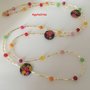 Collana lunga multicolore in agata e perle piatte con motivi floreali