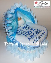 Torta di Pannolini culla carrozzina Pampers Baby Dry + bavaglino personalizzato