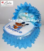 Torta di Pannolini culla carrozzina Pampers Baby Dry + bavaglino personalizzato topolino idea regalo nascita baby shower battesimo