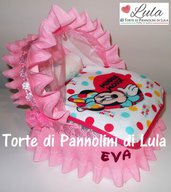 Torta di Pannolini culla carrozzina Pampers Baby Dry + bavaglino Minnie Topolino idea regalo nascita battesimo baby shower