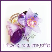 Anello " Fufu Flower Viola "  fiori lucite primavera estate regolabile perle cerimonia damigella idea regalo 