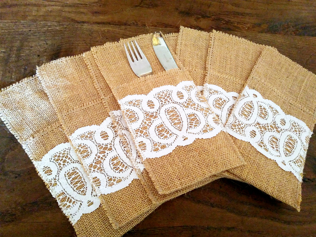 Portaposate In Iuta Con Pizzo - Set Da 8 Per Matrimoni, Natale E Feste