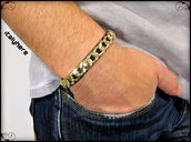 Bracciale unisex in vero cuoio nero, con catena colore oro