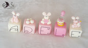 Cake topper cubi con coniglietti in scala di rosa 5 cubi 5 lettere bimba