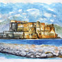  Acquerello Napoli castel dell'ovo mare marina dipinto a mano 
