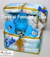 Torta di pannolini SCRIGNO PORTAGIOIE BAULE FORZIERE + regali Topolino Minnie idea regalo nascita battesimo baby shower femmina