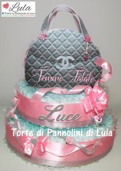 Torta di Pannolini femmina Borsa Borsetta Pochette Pampers Baby Dry idea regalo nascita battesimo baby shower