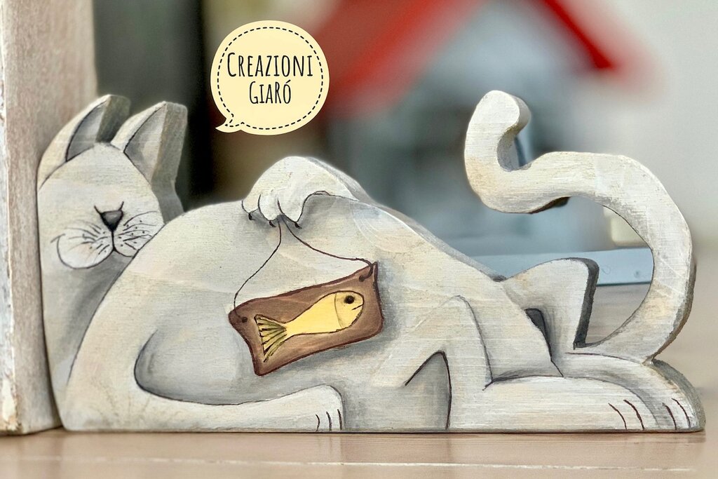 Statua In Legno Gatto E Umana Enkrio - Intagliata A Mano, Decorazione Casa, Regalo Artigianale
