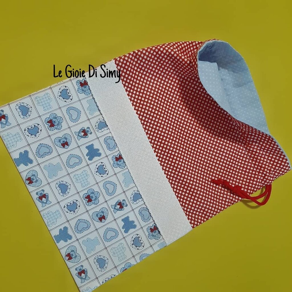 Set 2 Sacchetti Asilo In Cotone Stampato - Con Tela Aida Per Ricamare Nome Made In Italy - Foto 10