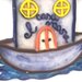 Casetta fuoriporta di ceramica da appendere, manufatta con elementi in rilievo poszionata su una barca dove si può scrivere il nome