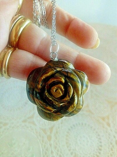 Collana Donna Argento 925 Ossidato Con Rosa D'Ambra Baltica Intagliata A Mano, Catena Snake Regolabile 45-50 Cm