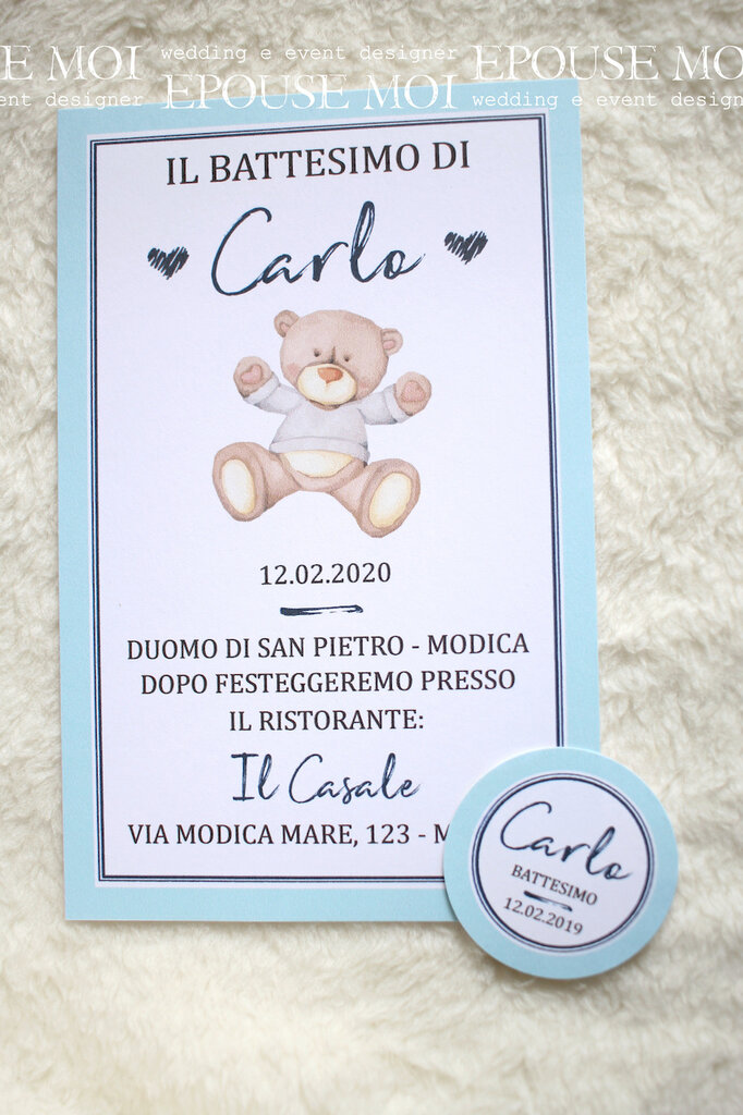 KIT 20 Inviti Personalizzati Per Battesimo – Tema Orsetto, Cartoncino 250/300g, Dimensioni 15x10 O 20x15 Cm - 3