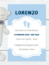 INVITO BAMBINO CON PIEDINI AZZURRO - NASCITA BATTESIMO COMUNIONE CRESIMA