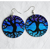 orecchini pendenti in ecopelle dipinti  albero della vita blu con brillantini fatti a mano