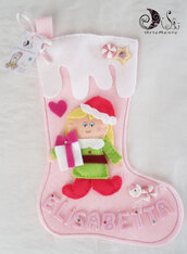 Calza della befana elfa per bimba personalizzabile rosa