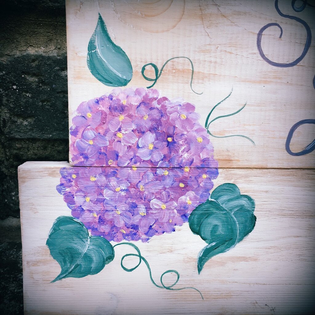 Quadro su Tavola Di Legno Pallet “Home Sweet Home” Ortensie.Fiori.S... su MissHobby