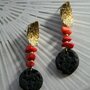 orecchini pendenti in fimo effetto lava e corallo mediterraneo base oro _061_