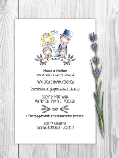 PARTECIPAZIONE MATRIMONIO CON BUSTA - FLOREALE CON DISEGNO SPOSI E FIGLI PARTECIPAZIONE MATRIMONIO CON BUSTA - FLOREALE CON DISEGNO SPOSI E FIGLI