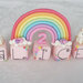 Cake topper compleanno cubi rosa Alice, unicorni e arcobaleno personalizzabile 5 cubi 5 lettere 