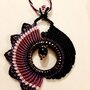 Pendente "Primavera",tecnica macrame, perle di ossidiana ed ematite, alluminio dorato, filo cerato nero linhasita e fili in nylon