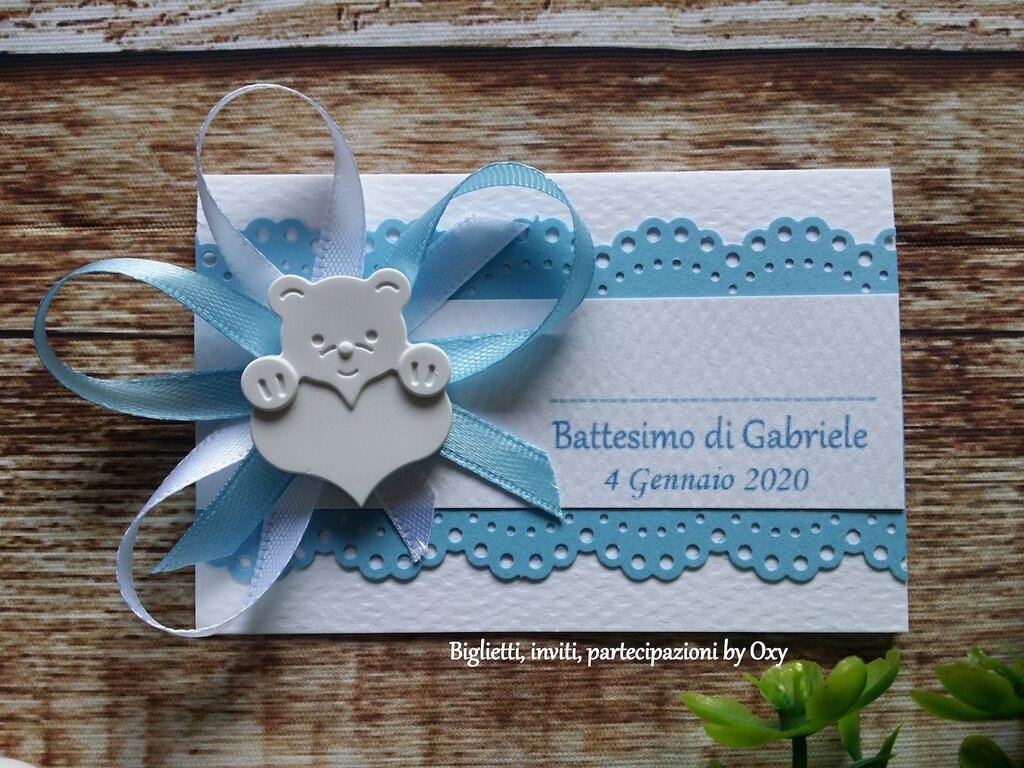 10 Biglietti Invito Battesimo Personalizzati Con Orsetto - Partecipazioni Legno 12x18 Cm Azzurro/Rosa - Foto 5