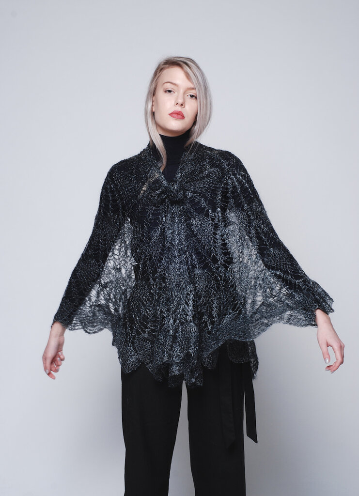 Scialle fatto a mano all'uncinetto, poncho frangiato fatto a mano scialli del mantello avvolge la nonna quadrata donna cappotto maglione, Nero , Etichettalia unica