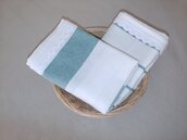 Coppia asciughini da cucina di colore panna  e decorato  con delicato merletto a ondine posto in un cestino d ivimini 