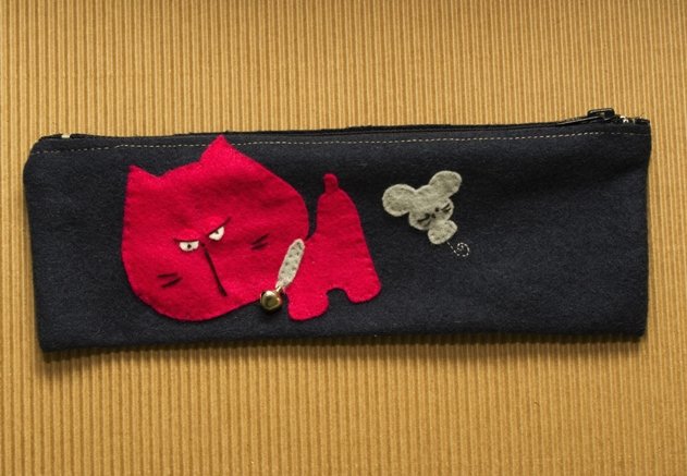 Astuccio Con Gatto Senape - Design A Pois Rosa, Pelle Vegana, Per Penne O Trucchi - 3