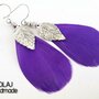Orecchini in Piume viola con ciondoli a foglie argento - WFE01