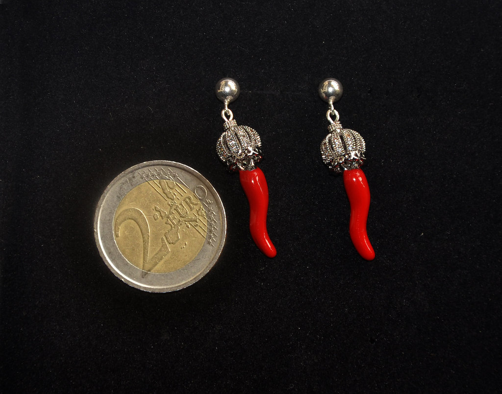 Orecchini A Cerchio In Argento 925 Con Cornetto Portafortuna Rosso, Placcati Oro Bianco - Anallergici