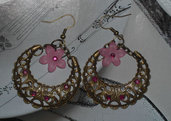 orecchini bronzo mezzaluna e fiori rosa