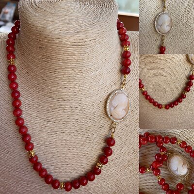 Collana di Corallo con Cammeo di conchiglia inciso a mano Collana di Corallo con Cammeo di conchiglia inciso a mano