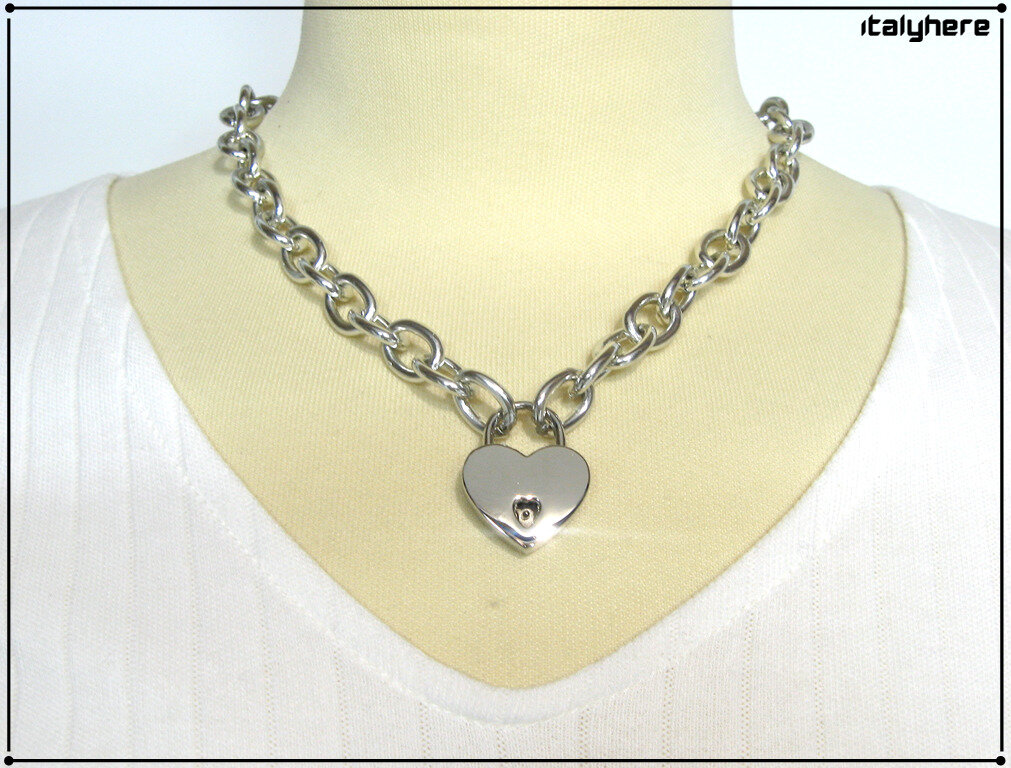 Collana a catena con lucchetto cuore, colore argento lunga cm.44 misura  regolabile , idea regalo - Italyhere
