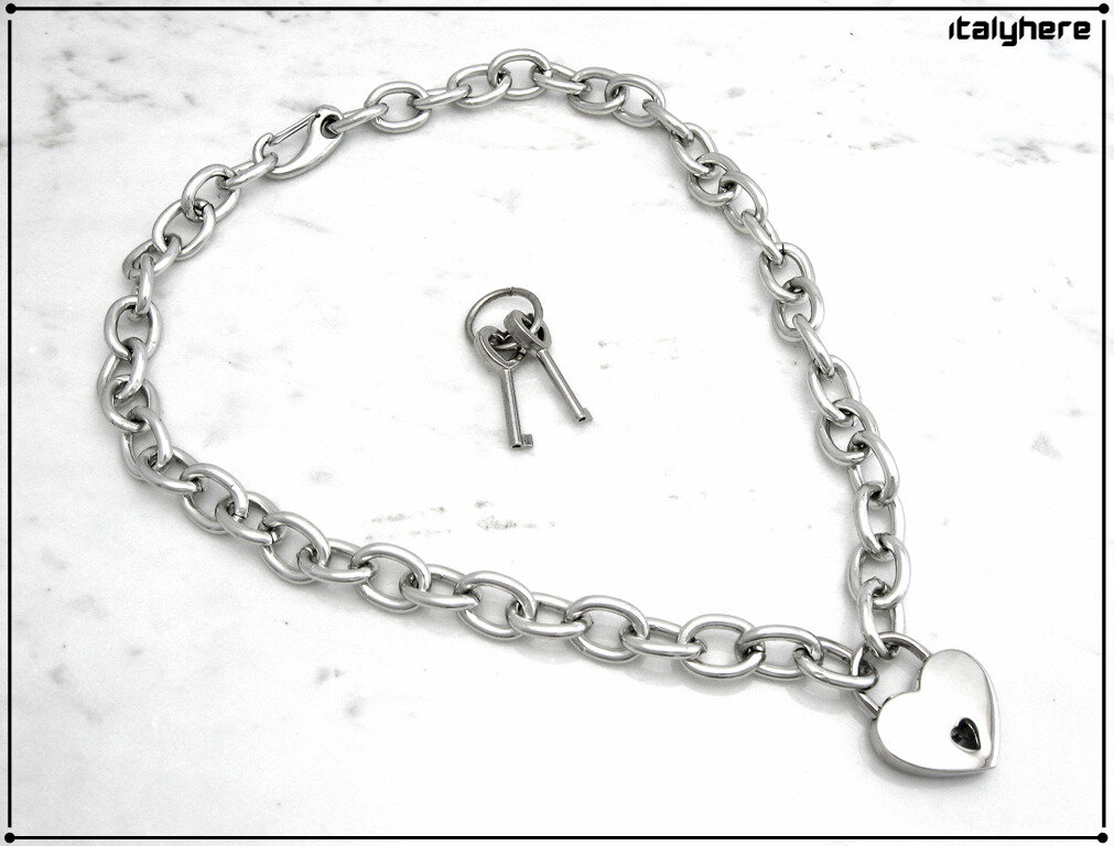 Collana Ciondolo Lucchetto Con Diamante Simulato &ndash; Argento 925 &ndash; Regolabile 16-20''
