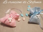 20 sacchettini porta confetti in rigatino di cotone o pannolenci con ciuccio in polvere di ceramica per nascita o battesimo