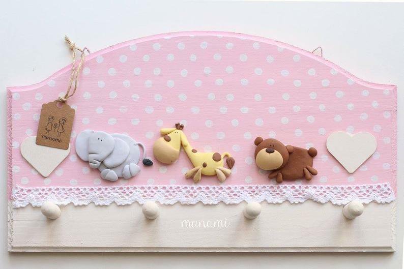 Set 3 Appendini In Legno Per Cameretta - Con Figure Bimbo/bimba, 42 Cm, 9 Ganci