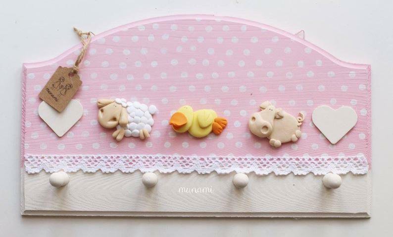 Set 3 Appendini In Legno Per Cameretta - Con Figure Bimbo/bimba, 42 Cm, 9 Ganci