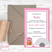 INVITO BAMBINA CON ORSETTO NEVE E IGLOO ROSA - BATTESIMO COMUNIONE CRESIMA COMPLEANNO