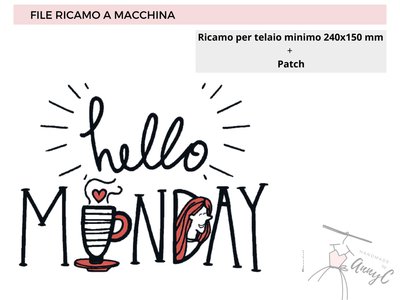File di ricamo e Patch da ricamare a macchina scritta Hello Monday File di ricamo e Patch da ricamare a macchina scritta Hello Monday