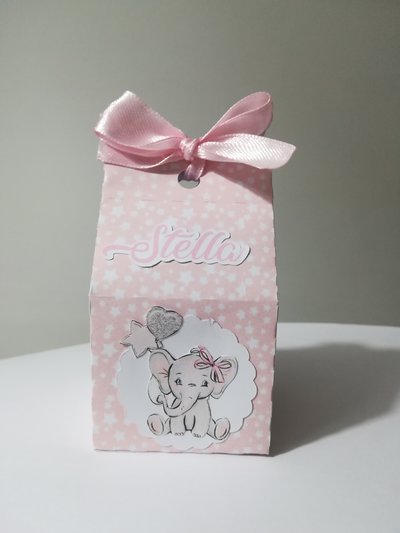 scatolina fiammiferi nascita, modello elefantino, completa con confetti