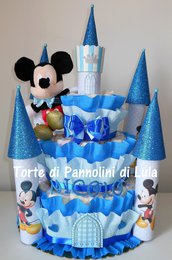 Torta di Pannolini Pampers Castello peluche Topolino maschio azzurro idea regalo originale e utile nascita battesimo baby shower