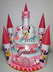 Torta di Pannolini Pampers Castello Minnie + bavaglino personalizzato femmina rosa idea regalo originale e utile nascita battesimo