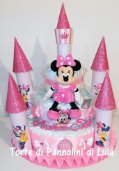 Torta di Pannolini Pampers Castello Minnie + bavaglino personalizzato + peluche femmina rosa idea regalo nascita battesimo