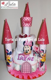 Torta di Pannolini Pampers Castello Minnie + bavaglino personalizzato femmina rosa idea regalo originale e utile nascita battesimo