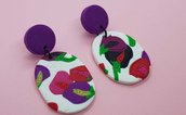 Orecchini fiori viola rosso stilizzati fimo ovali pasta polimerica 2