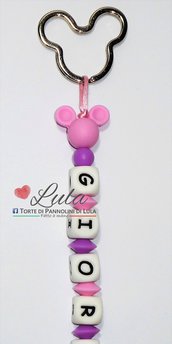 Portachiavi  in silicone rosa / lilla anello topolino con MINNIE personalizzabile con nome o breve dedica