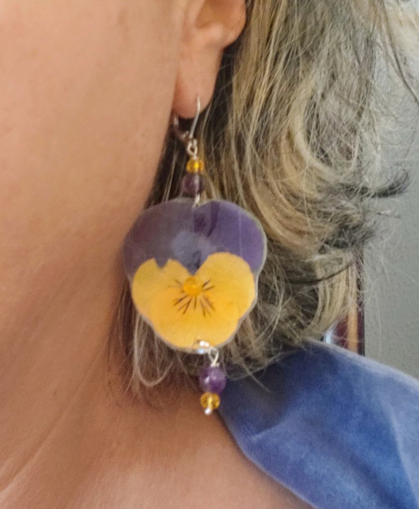 ORECCHINI pendenti con viola del pensiero vera bicolore viola scuro