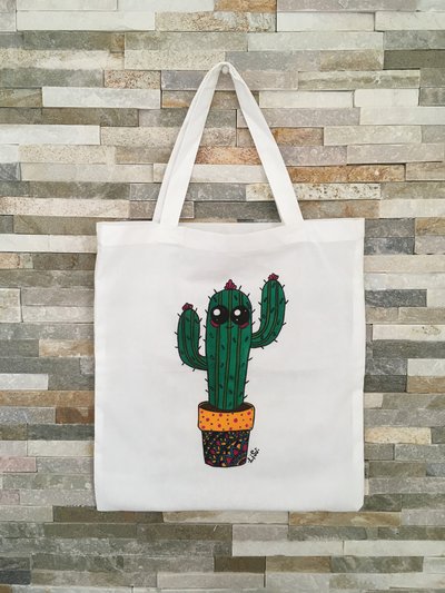 Borsa di cotone bianca con cactus in vaso Borsa di cotone bianca con cactus in vaso